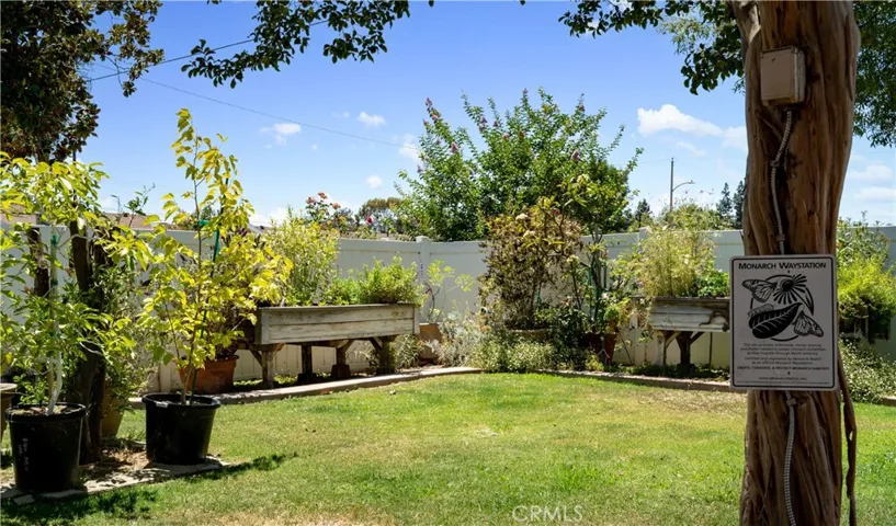 This is a gardener's delight. Not only raised beds but with drip irrigation! Trees include mandarin, nectarine, lemon, and orange.