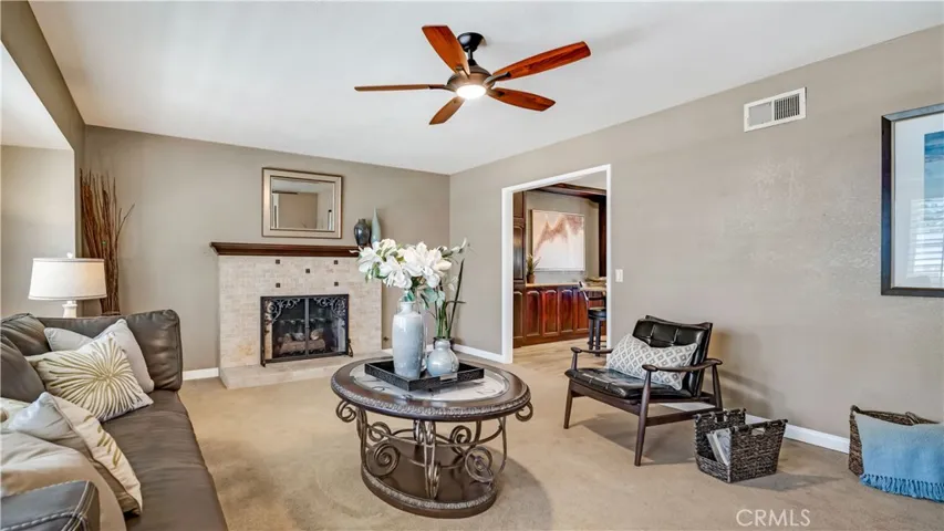 The living room flows into the kitchen