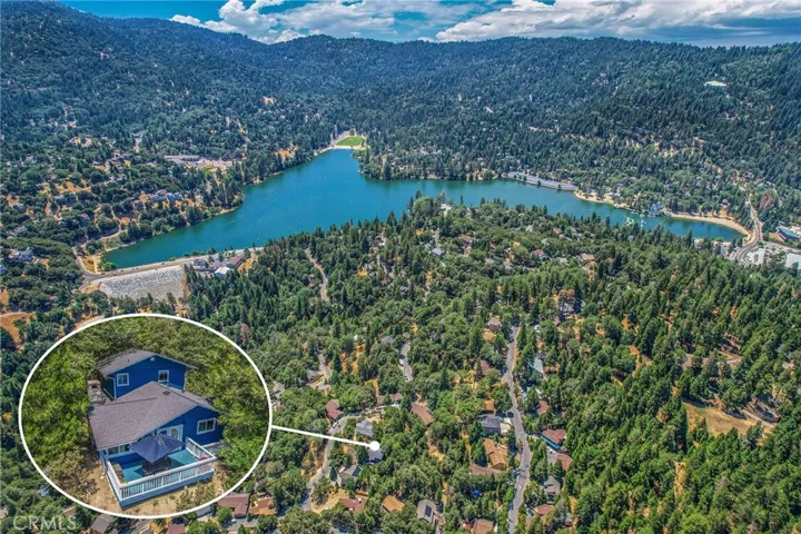 Aerial drone view with location of home near Lake Gregory