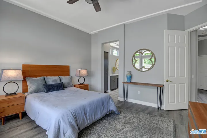 Primary Bedroom and view of on suite bathroom in sun city, Palm Desert California
