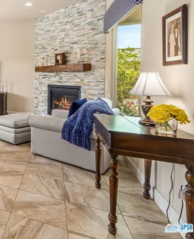 Stack stone fireplace details.
