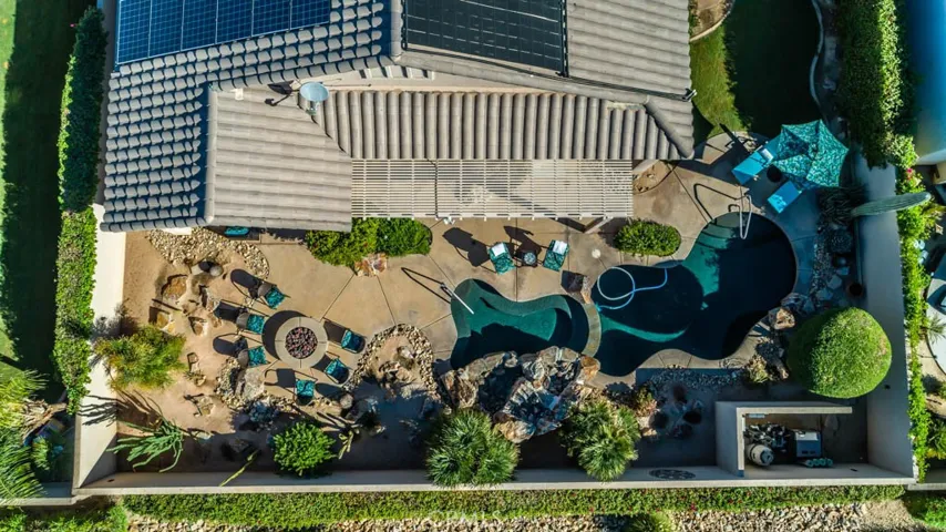 Overhead view of the residence and backyard.