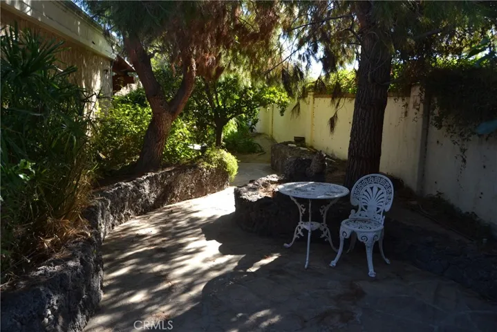 Shaded side yard sitting area