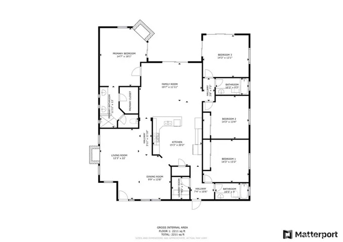 The Floor Plan shows the awesome layout and separation between Primary Bedroom and Guest Bedrooms. See the secret bedroom down there to the lower right!