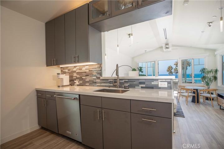 Kitchen showing dishwasher and ocean view.