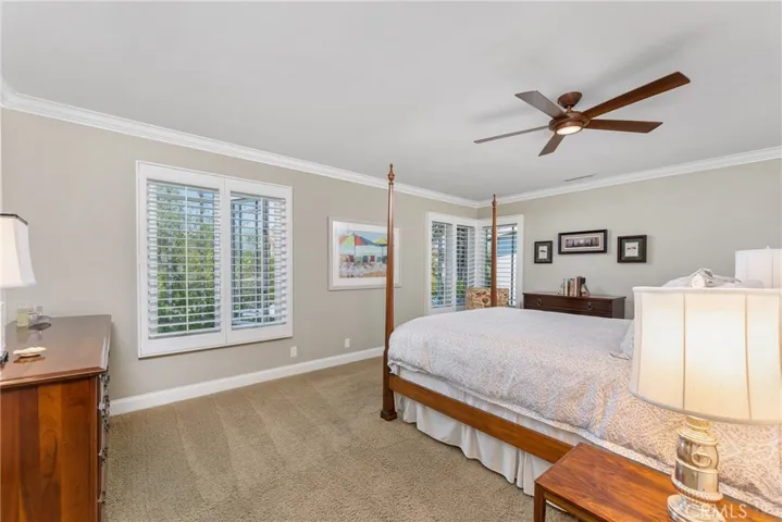 Large owner's suite with plush carpet, a high end remote controlled ceiling fan, plantation shutters and crown molding.