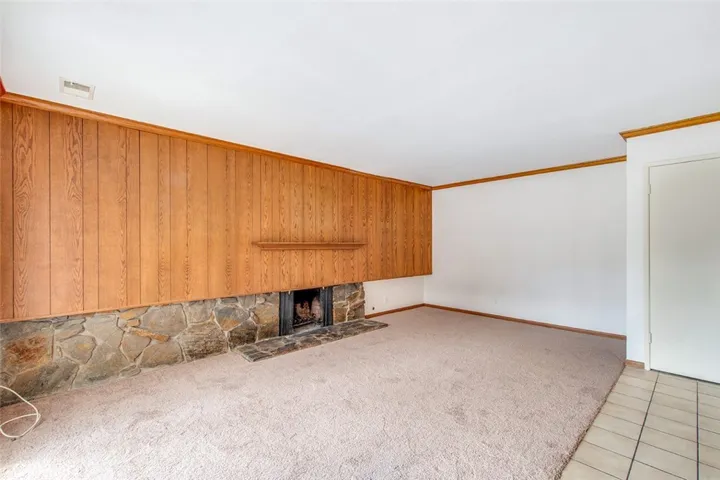 Mid century feature wall w/ fireplace in family room