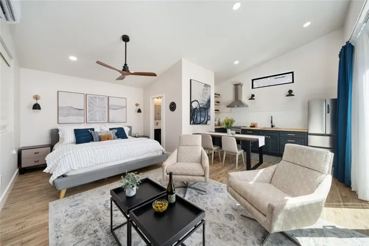 ADU living, bedroom, and kitchenette
