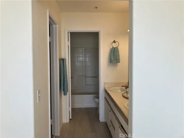 Entry to Primary Bedroom Bathroom areas:  Walk-in closet, double vanity sink, and bathtub/toilet area.