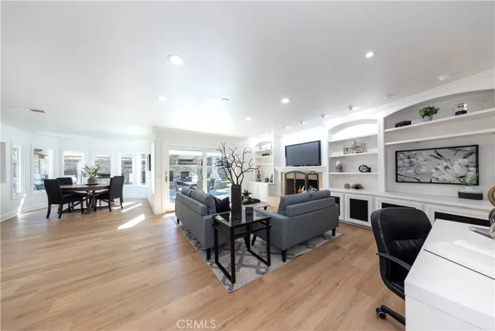 Family room with built in shelves.