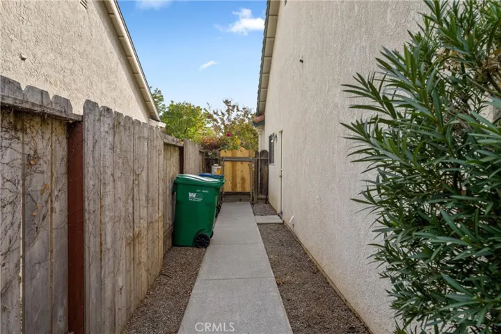 Side yard leading from the back to the front, with side garage access.