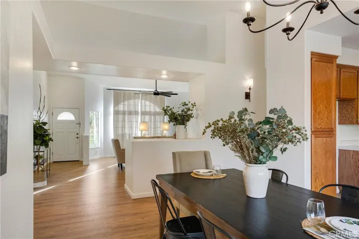 A view looking back towards the living room from inside the dining room.