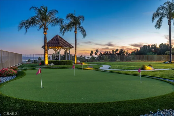 Five hole putting green with two chipping pads, one offering a tight lie and one with a rough like lie.