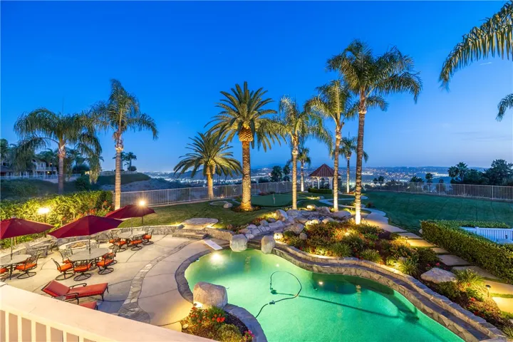 Nighttime balcony view.