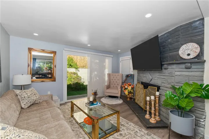 Step down family room with fireplace