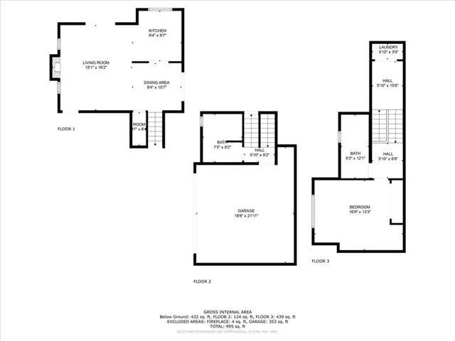 Floorplan - Main living area on Level 1, Garage and bathroom on Level 2, Bedroom and full bathroom on Level 3