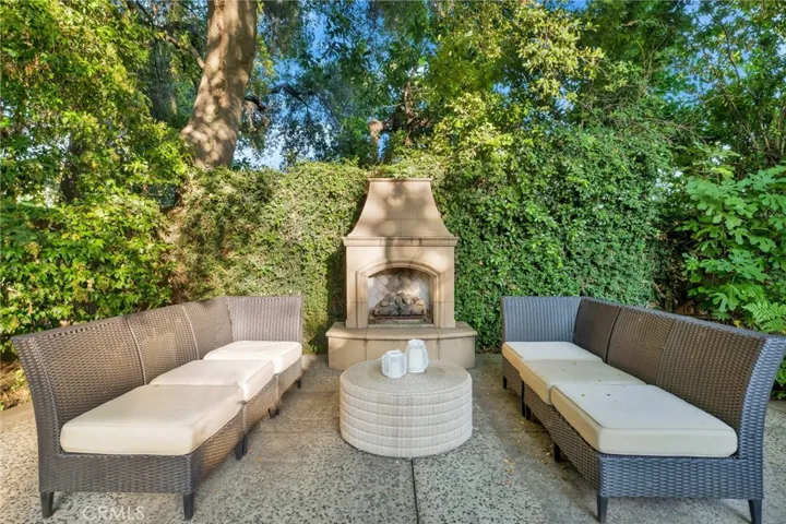 Backyard fireplace.