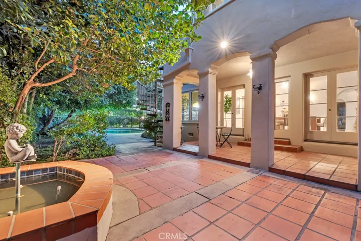 Fountain and patio outside of dining room.