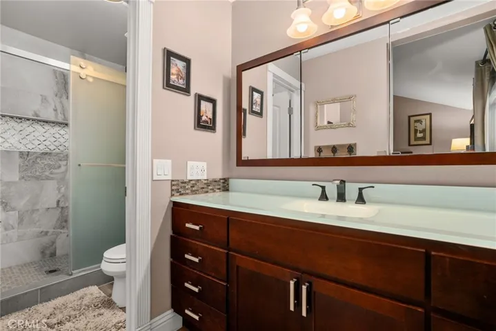 Primary Bath recently remodeled.  Beautiful cabinetry and vanity area.