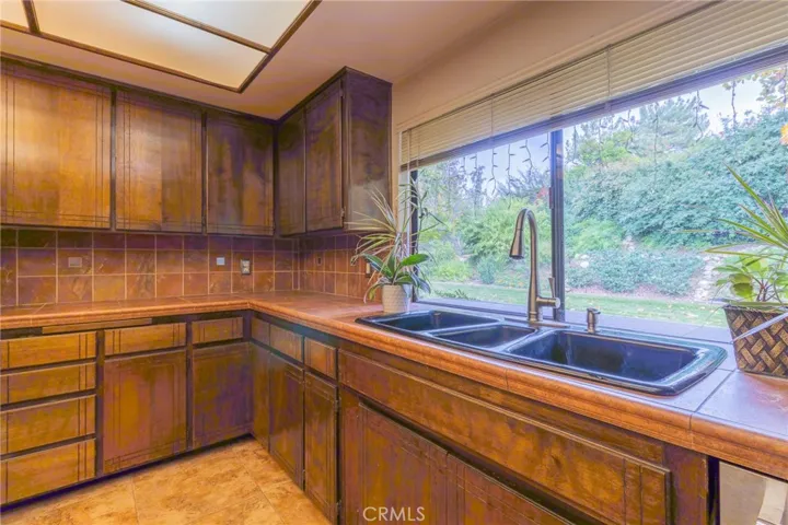 Kitchen sink with view to backyard.