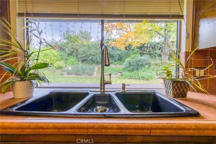 Kitchen sink with view to backyard.