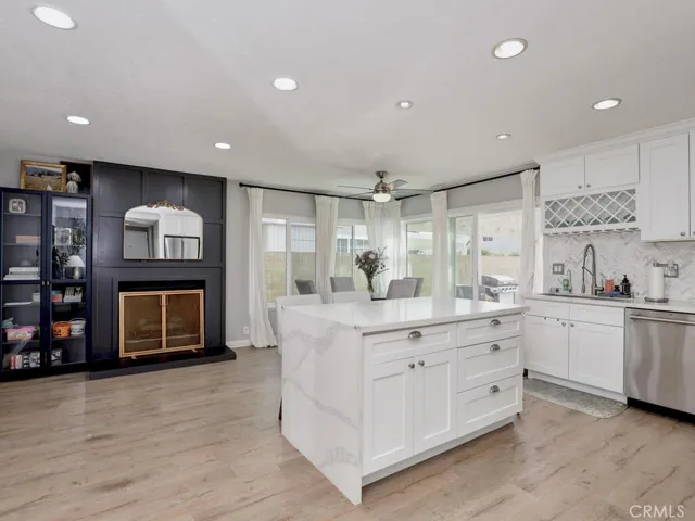 Kitchen island and family room fireplace