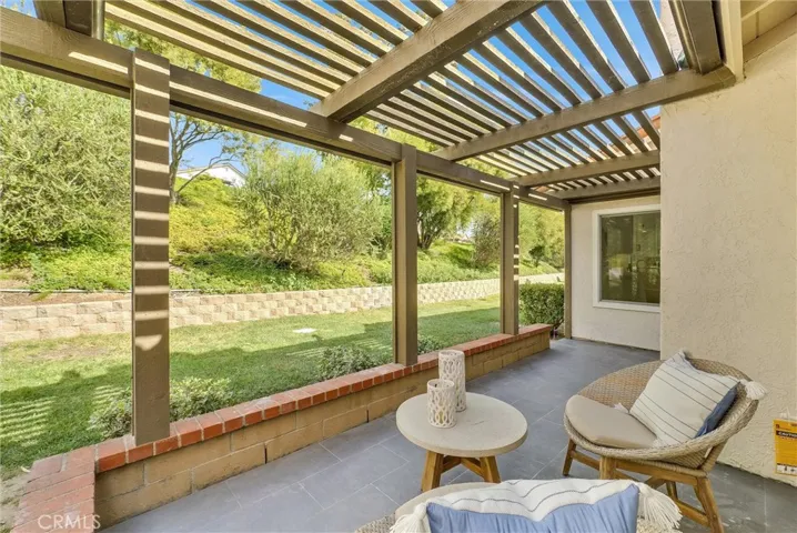 Private and quiet back patio with lawn beyond