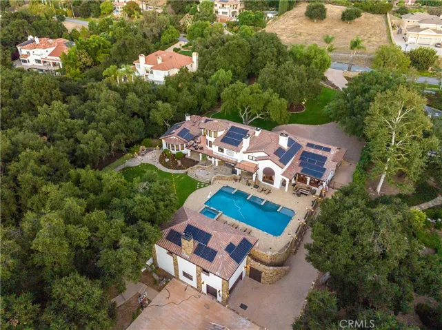 Aerial image of the backyard with the cabana building on the backside of the pool.