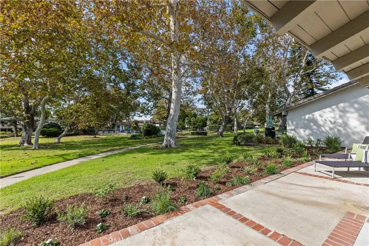 The patio runs the back of the house and is bordered with healthy boxwoods, olive shrubs and soft grasses.