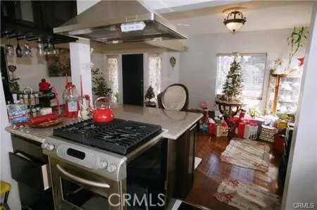 Top of the line built-in range with deco hood & granite island