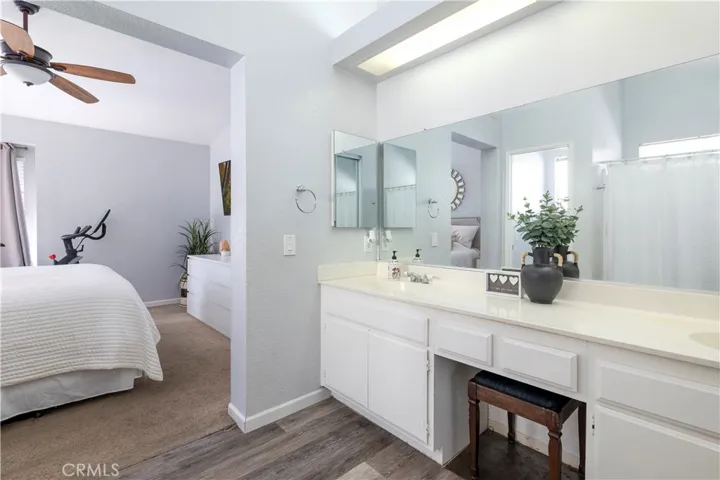 Primary suite bathroom and vanity.
