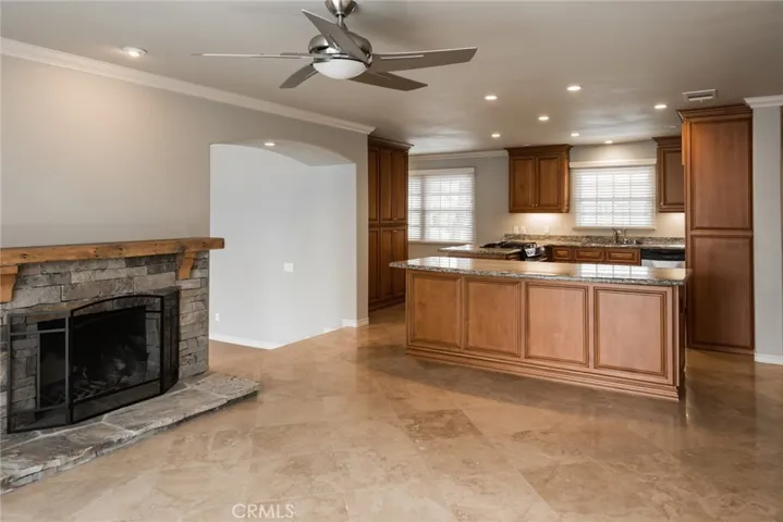 Kitchen and living room with adjacent family room.