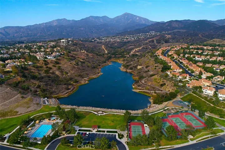 Aerial of Pool, Tennis Courts, and Reservoir