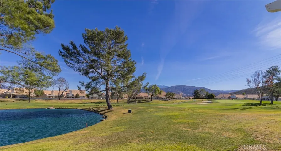 View of duck pond and mountains.