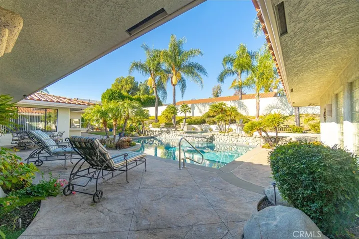 Views of the pool from double sliding glass doors
