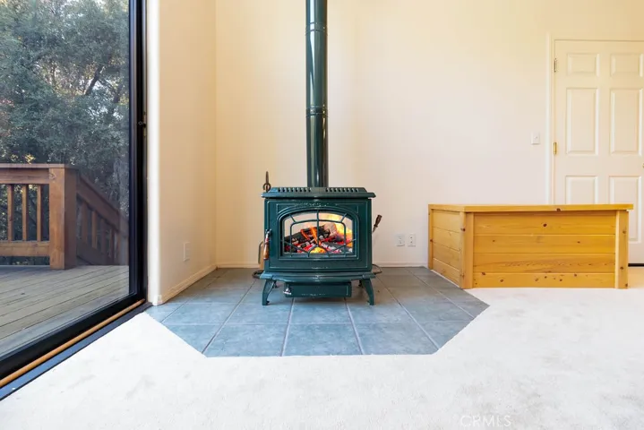 The pellet stove offers the ambiance of a warming fire and cost-effective heat.