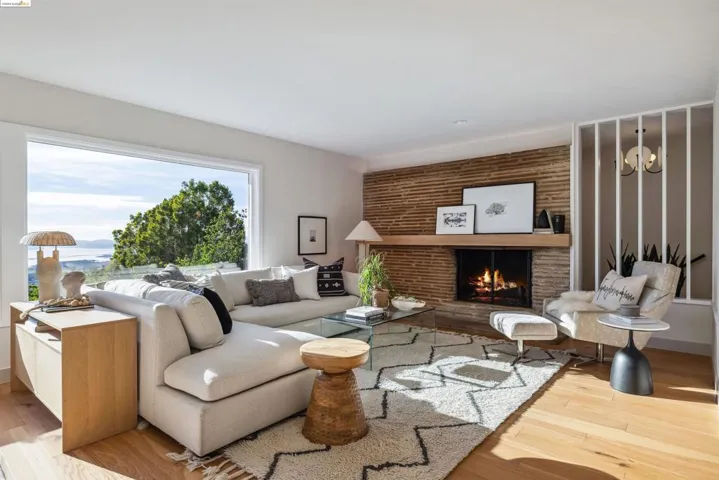 Stacked stone Mid-Century fireplace