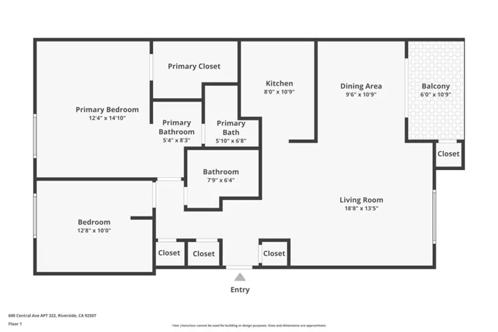 Layout map of the open living area, modern kitchen, balcony, two bedrooms and two bedrooms