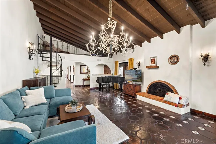 Spacious living room with cozy fireplace