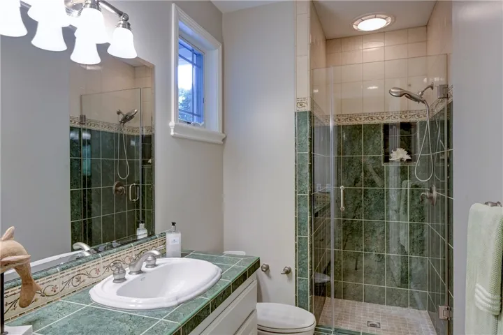 Downstairs bath right off pool, backyard and next to the family game room.