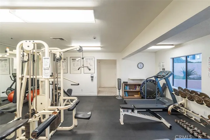 Fitness room with mens and womens locker rooms and saunas