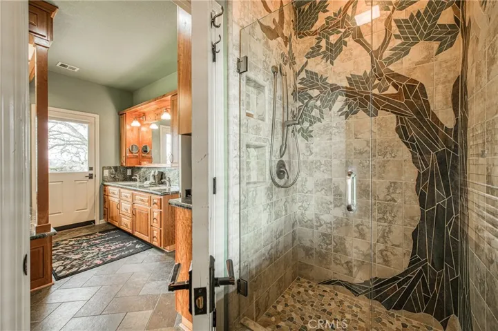 Custom Shower tile collage of an oak tree and birds.