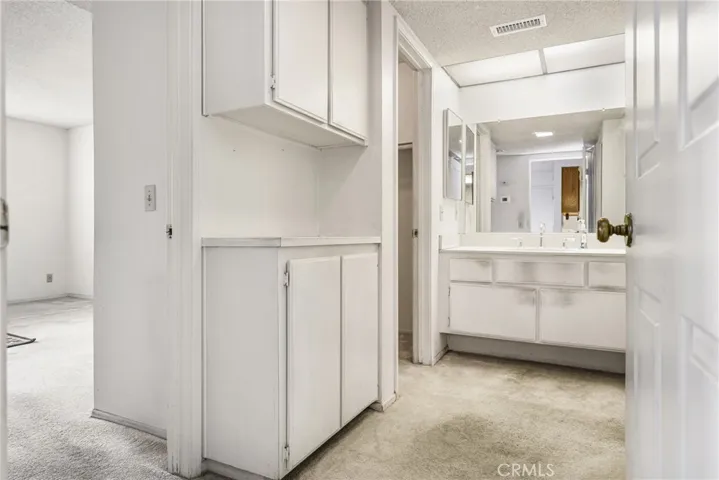 Standing in the entrance door to the bedroom and bathroom. Sink and vanity under the mirror. Linen and/or storage cabinet and entrance to the walk-in closet and the actual bedroom.