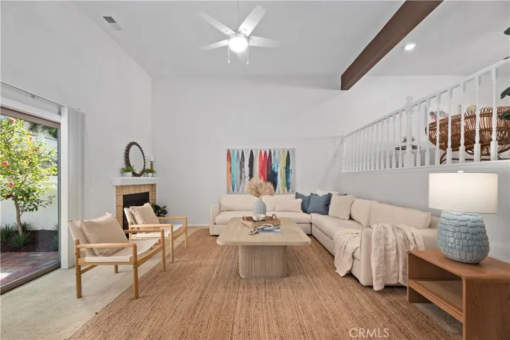 Spacious living room with 12-foot ceiling