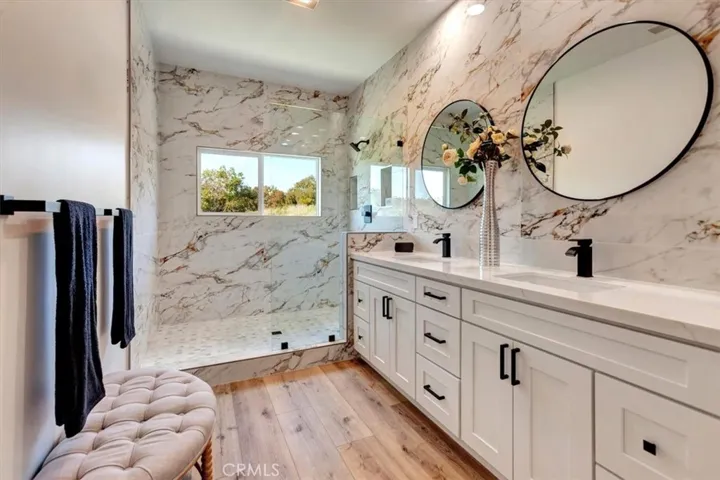 90” shaker dual vanity, Miraggio Quartz countertop, recessed lighting, lighted exhaust fan, matte black pulls, faucets, shower valve/head, mirrors & accessories.