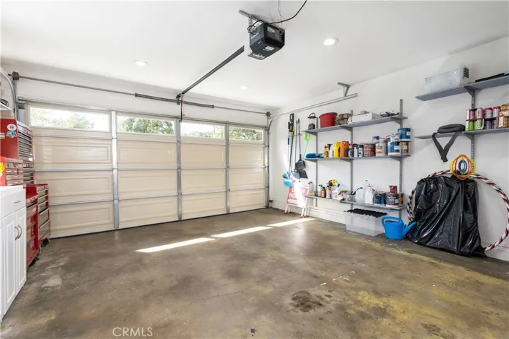 Garage with shelves.