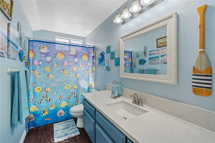 Hall bathroom, quartz countertop, tub/shower combination.