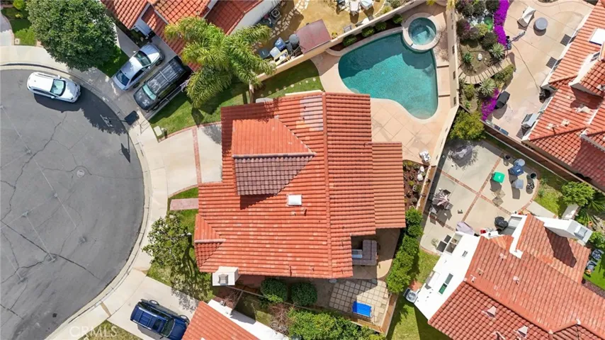 Aerial view of the well-designed back yard entertainment oasis.