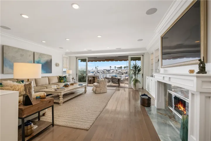 Living area with marble fireplace