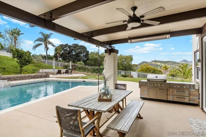 Large covered area with ceiling fans and shades